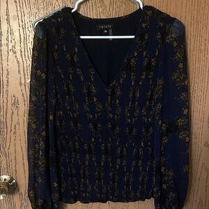 State Women's Navy and Gold Vintage Sheer Floral Top - fits M